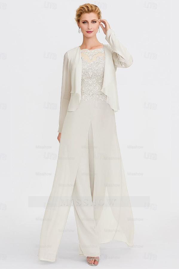 Elegant Bateau Half Sleeve Lace Top Chiffon Mother of Bride Jumpsuit with Wrap