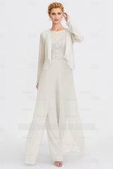 Elegant Bateau Half Sleeve Lace Top Chiffon Mother of Bride Jumpsuit with Wrap