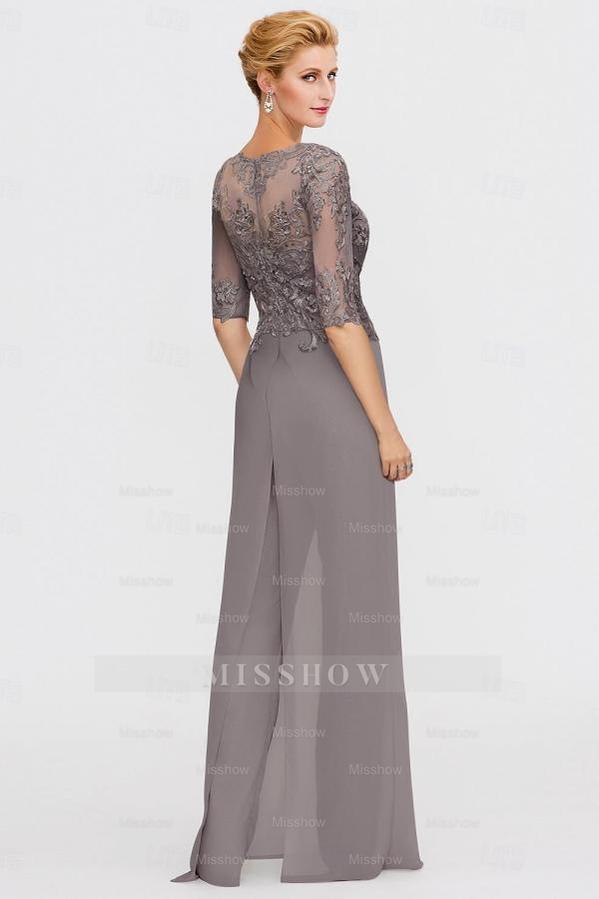 Elegant Bateau Half Sleeve Lace Top Chiffon Mother of Bride Jumpsuit with Wrap