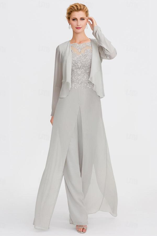 Elegant Bateau Half Sleeve Lace Top Chiffon Mother of Bride Jumpsuit with Wrap