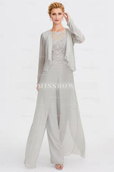 Elegant Bateau Half Sleeve Lace Top Chiffon Mother of Bride Jumpsuit with Wrap
