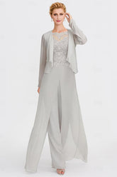 Elegant Bateau Half Sleeve Lace Top Chiffon Mother of Bride Jumpsuit with Wrap