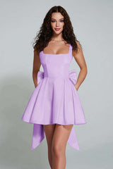 Elegant Black A-Line Square Neck Short Satin Homecoming Dress with Bow