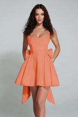 Elegant Black A-Line Square Neck Short Satin Homecoming Dress with Bow