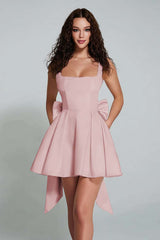 Elegant Black A-Line Square Neck Short Satin Homecoming Dress with Bow
