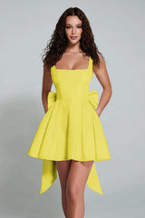 Elegant Black A-Line Square Neck Short Satin Homecoming Dress with Bow