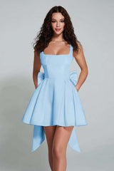 Elegant Black A-Line Square Neck Short Satin Homecoming Dress with Bow