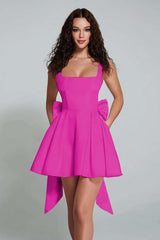 Elegant Black A-Line Square Neck Short Satin Homecoming Dress with Bow