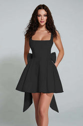 Elegant Black A-Line Square Neck Short Satin Homecoming Dress with Bow