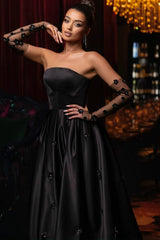 Elegant Black A-Line Strapless Sleeveless Tea-Length Satin Evening Dresses With Flowers