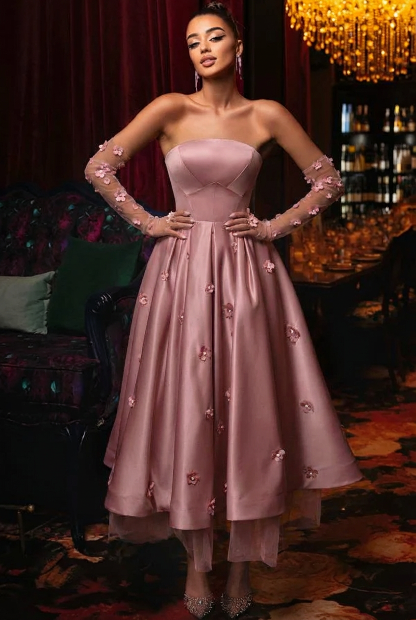 Elegant Black A-Line Strapless Sleeveless Tea-Length Satin Evening Dresses With Flowers