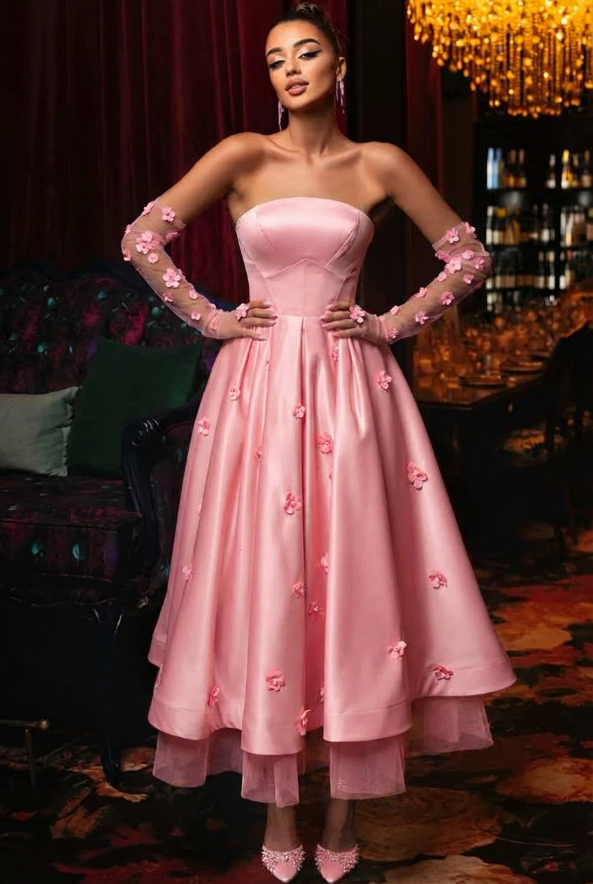 Elegant Black A-Line Strapless Sleeveless Tea-Length Satin Evening Dresses With Flowers