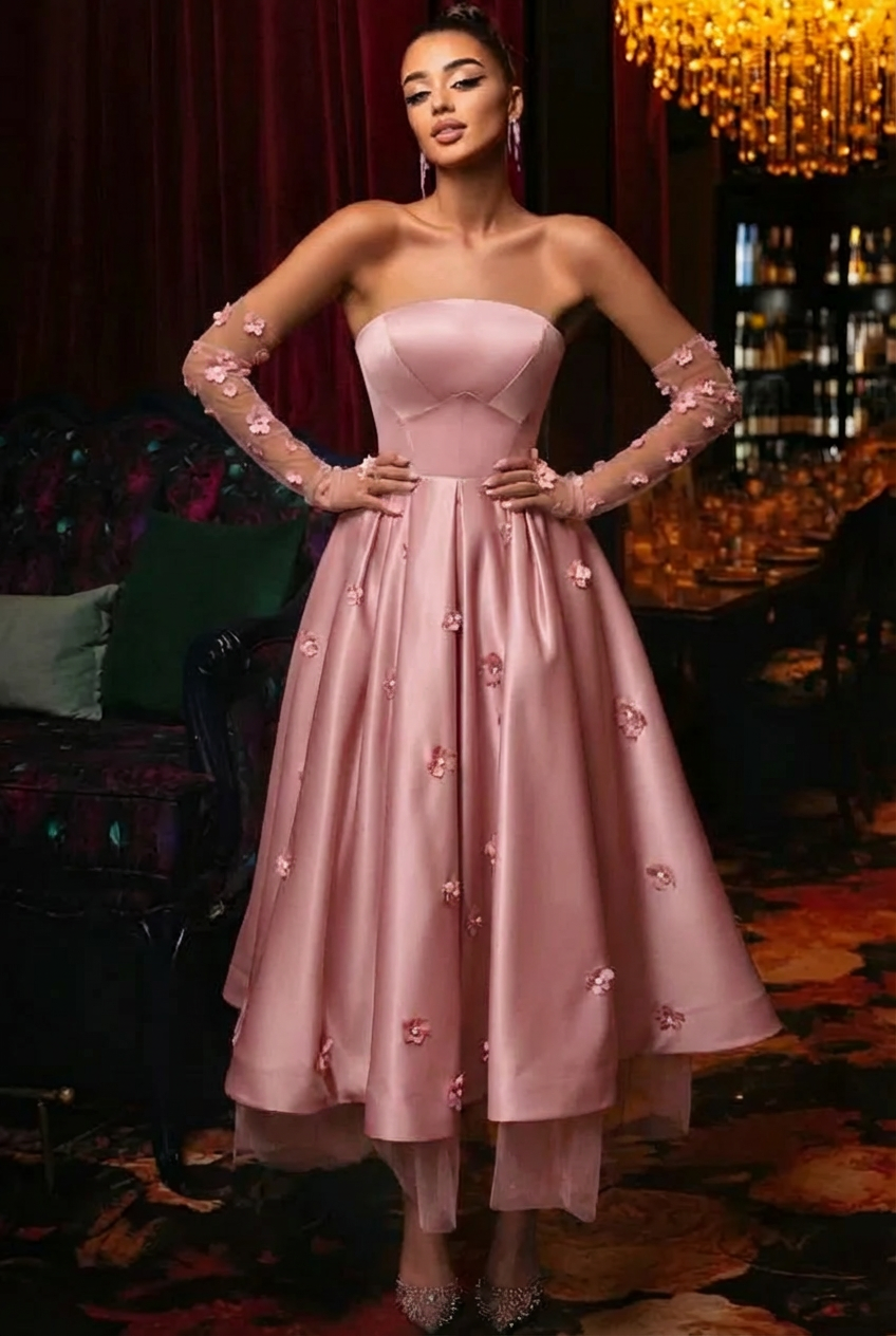 Elegant Black A-Line Strapless Sleeveless Tea-Length Satin Evening Dresses With Flowers