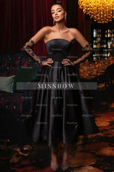 Elegant Black A-Line Strapless Sleeveless Tea-Length Satin Evening Dresses With Flowers