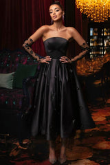 Elegant Black A-Line Strapless Sleeveless Tea-Length Satin Evening Dresses With Flowers