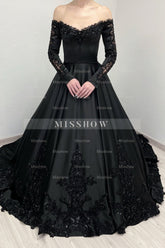 Elegant Black A-Line V-Neck Lace Off-The-Shoulder Long Sleeves Beading Sequined Cathedral Train Satin Ball Gown Evening Dresses