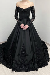 Elegant Black A-Line V-Neck Lace Off-The-Shoulder Long Sleeves Beading Sequined Cathedral Train Satin Ball Gown Evening Dresses