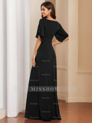 Elegant Black Floor-Length Mother of the Bride Dress with Round Neck and Half Sleeves