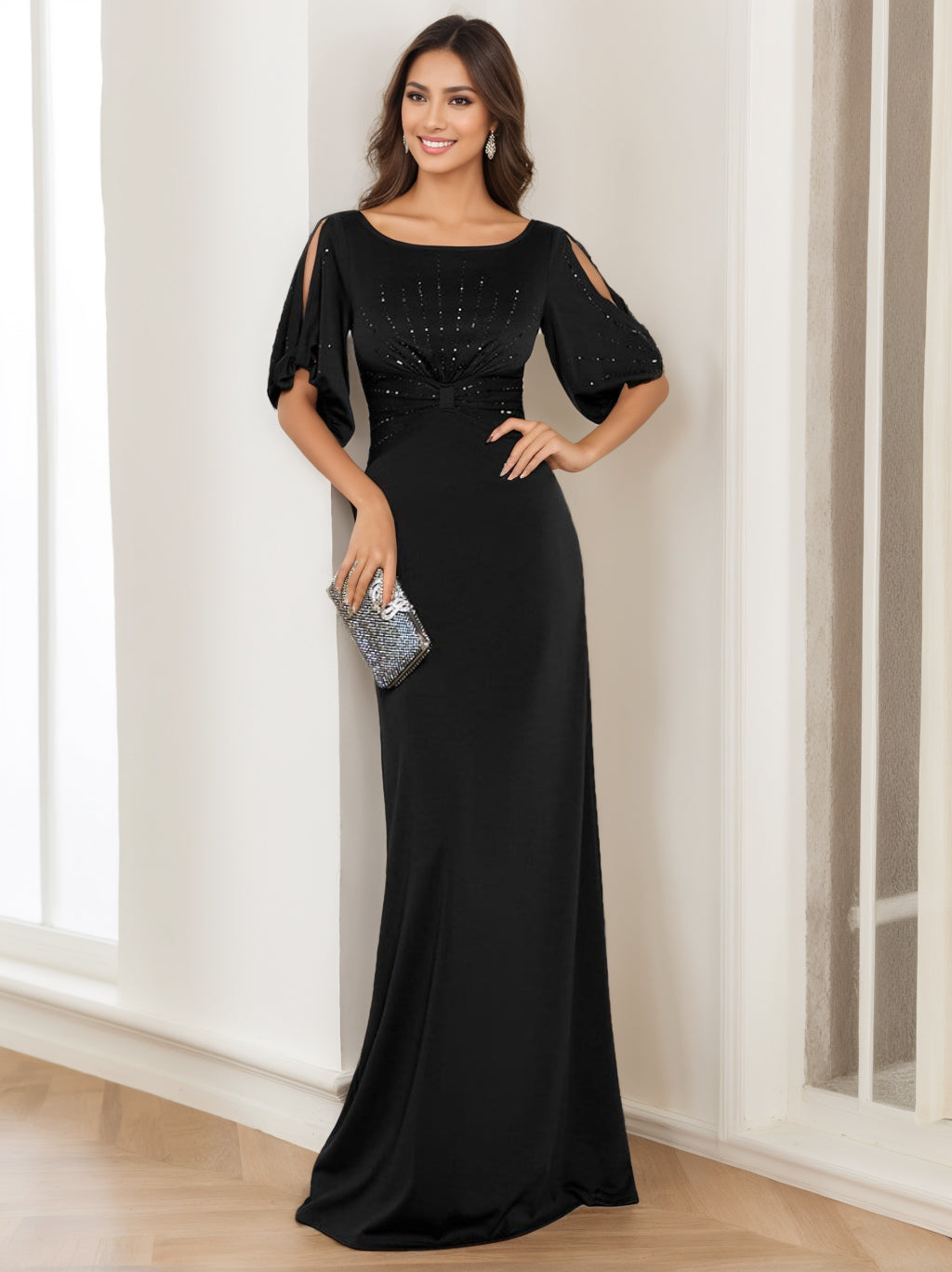 Elegant Black Floor-Length Mother of the Bride Dress with Round Neck and Half Sleeves