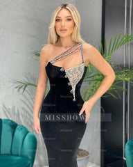 Elegant Black Long Velvet Prom Evening Dresses with Glitter