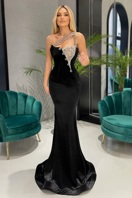Elegant Black Long Velvet Prom Evening Dresses with Glitter