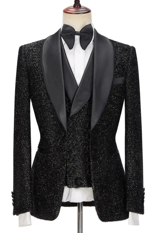 Elegant Black Sequined Shawl Lapel Three-Piece Wedding Ensemble