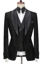 Elegant Black Sequined Shawl Lapel Three-Piece Wedding Ensemble