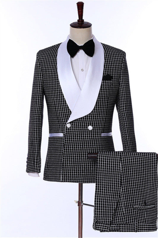 Elegant Black Shawl Collar Double Breasted Plaid Groom's Suit