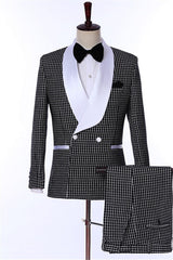 Elegant Black Shawl Collar Double Breasted Plaid Groom's Suit