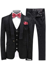 Elegant Black Shawl Collar Three-Piece Jacquard Wedding Attire for Men