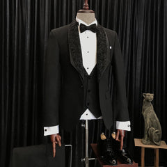 Elegant Black Slim Fit Wedding Men’s Suits with Exclusive Jacquard Lapel