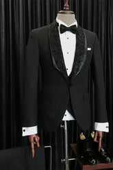 Elegant Black Slim Fit Wedding Men’s Suits with Exclusive Jacquard Lapel