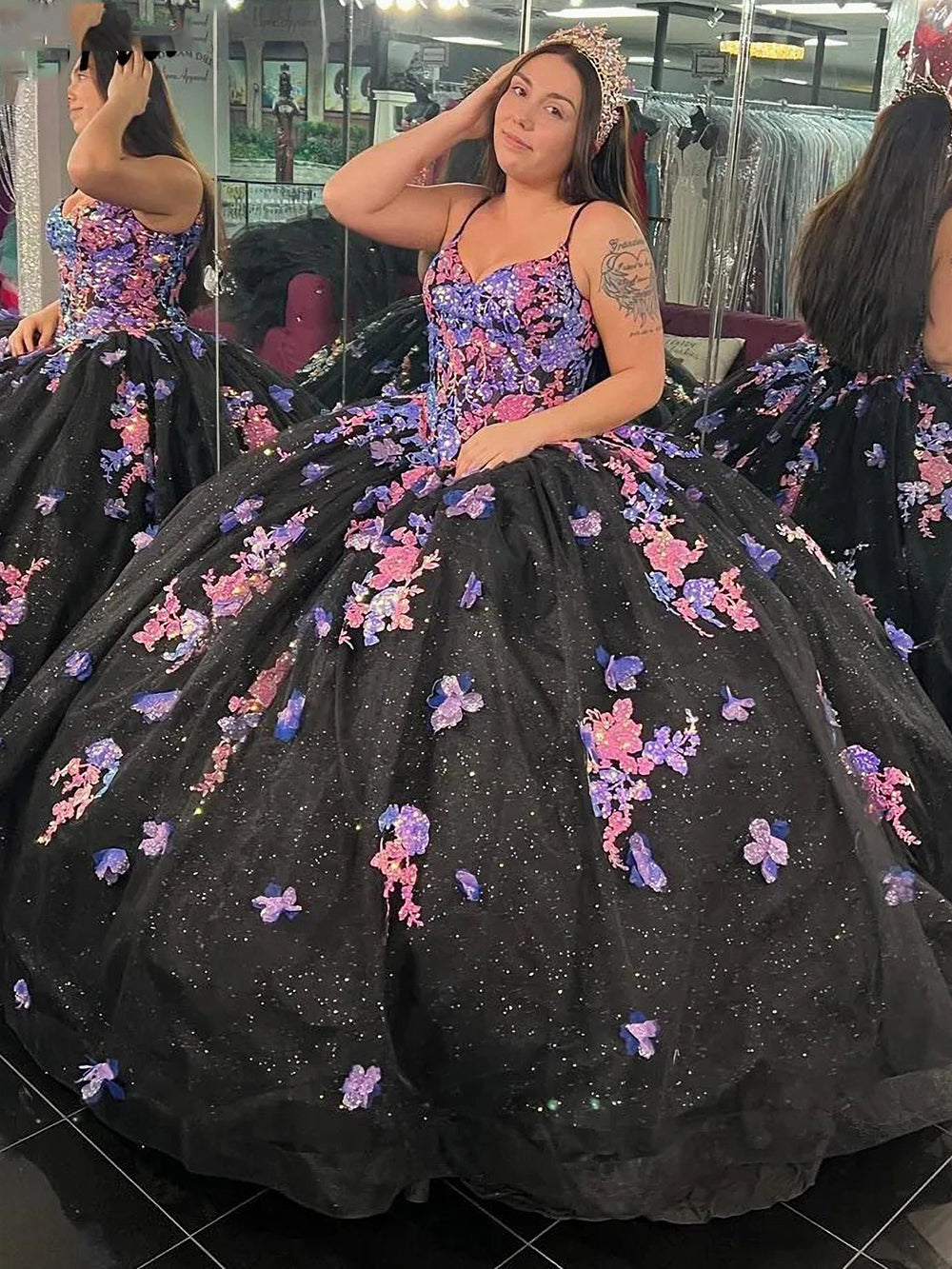 Elegant Black Spaghetti Strap Floral Applique Sequined Ball Gown Quinceanera Dress