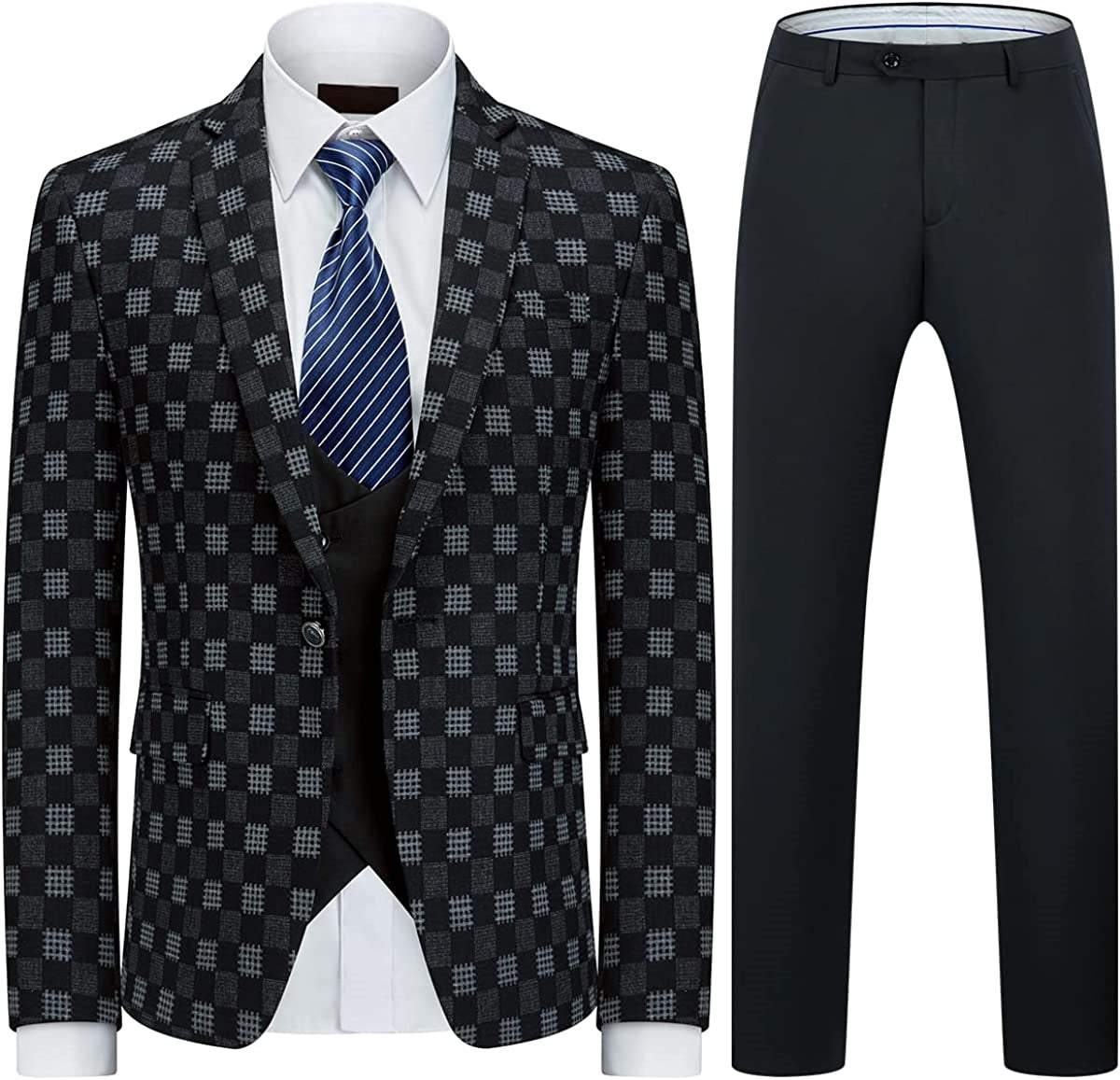 Elegant Black and Gray Plaid Three-Piece Business Suit for Men