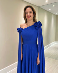 Elegant Blue A-Line Chiffon Mother of The Bride Dress One-Shoulder Cap Sleeves Bridesmaid Dresses With Ruffles