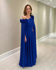 Elegant Blue A-Line Chiffon Mother of The Bride Dress One-Shoulder Cap Sleeves Bridesmaid Dresses With Ruffles