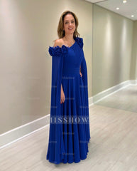 Elegant Blue A-Line Chiffon Mother of The Bride Dress One-Shoulder Cap Sleeves Bridesmaid Dresses With Ruffles