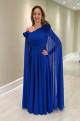 Elegant Blue A-Line Chiffon Mother of The Bride Dress One-Shoulder Cap Sleeves Bridesmaid Dresses With Ruffles