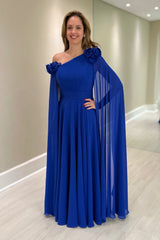 Elegant Blue A-Line Chiffon Mother of The Bride Dress One-Shoulder Cap Sleeves Bridesmaid Dresses With Ruffles