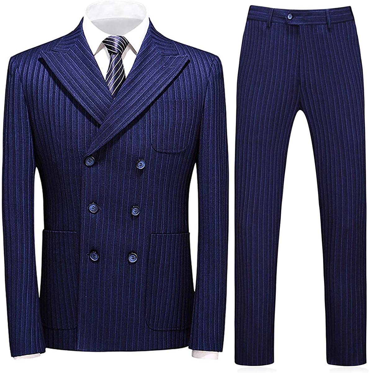Elegant Blue Double-Breasted Peak Lapel Striped Business Attire