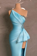 Elegant Blue Mermaid One-shoulder Sleeveless Beaded Satin Split Front Ruffle Prom Evening Dresses With Rhinestone
