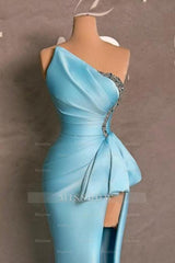 Elegant Blue Mermaid One-shoulder Sleeveless Beaded Satin Split Front Ruffle Prom Evening Dresses With Rhinestone
