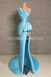 Elegant Blue Mermaid One-shoulder Sleeveless Beaded Satin Split Front Ruffle Prom Evening Dresses With Rhinestone