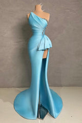 Elegant Blue Mermaid One-shoulder Sleeveless Beaded Satin Split Front Ruffle Prom Evening Dresses With Rhinestone