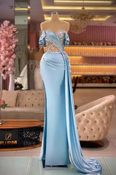 Elegant Blue Mermaid Sweetheart Strapless Beaded Satin Panel Train Ruffle Evening Dresses With Slit