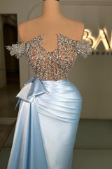 Elegant Blue Strapless Beaded Off-The-Shoulder Column Sleeveless Satin Panel Train Ruffle Evening Dresses With Rhinestones