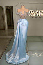 Elegant Blue Strapless Beaded Off-The-Shoulder Column Sleeveless Satin Panel Train Ruffle Evening Dresses With Rhinestones