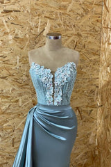 Elegant Blue Strapless Sleeveless Mermaid Elastic Woven Satin Prom Evening Dresses with Ruffles