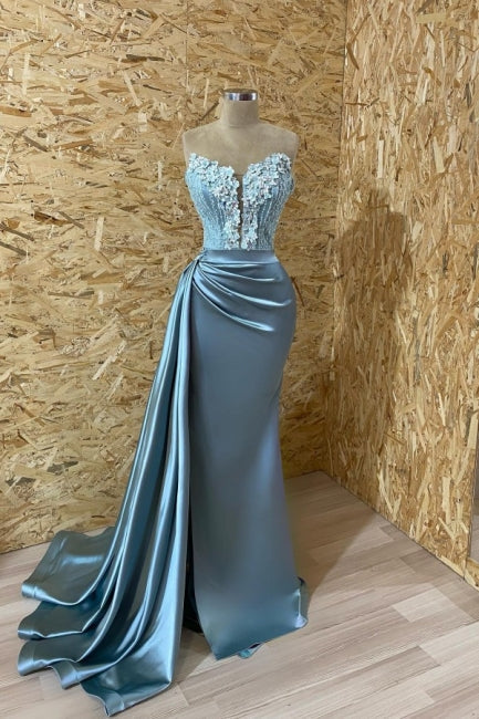 Elegant Blue Strapless Sleeveless Mermaid Elastic Woven Satin Prom Evening Dresses with Ruffles