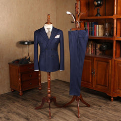 Elegant Blue Striped Double Breasted Men’s Business Suit